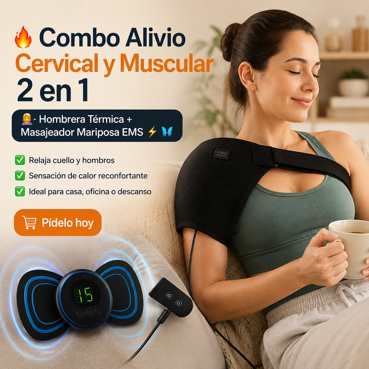 🔥 Combo Alivio Cervical y Muscular 2 en 1 💆♀️✨ Hombrera Térmica 🔥 + Masajeador Mariposa EMS ⚡🦋