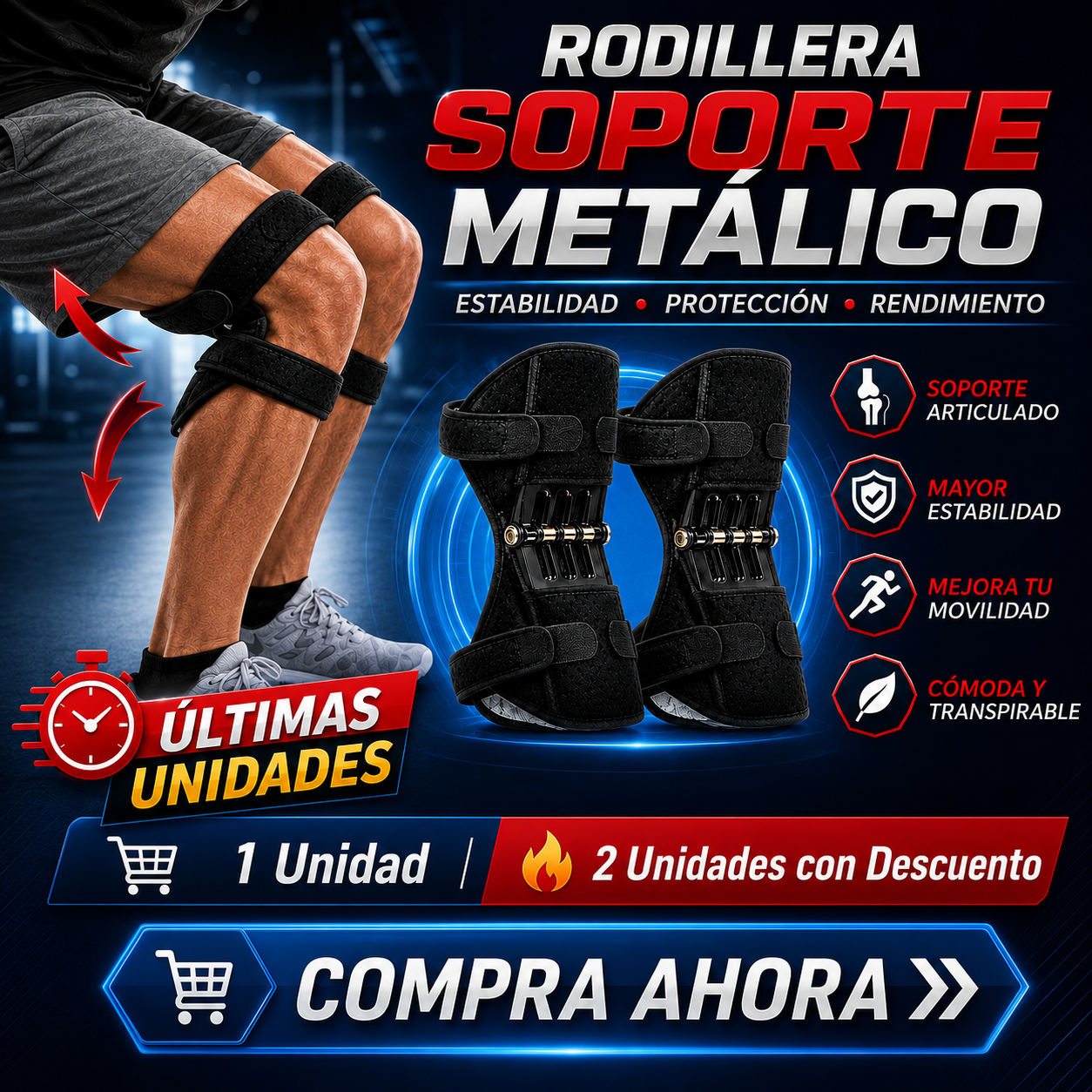 🦵⚙️ Rodilleras de Soporte Metálico | 💪 Más fuerza y mayor estabilidad | 1️⃣ 1 Unidad | 🔥 2 Unidades con Descuento