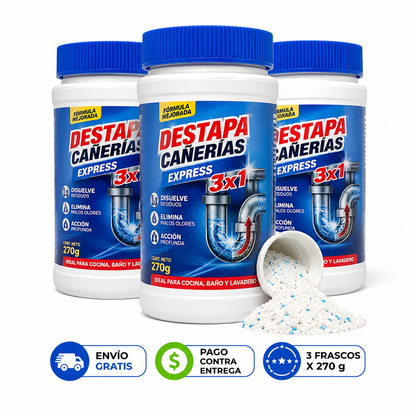 Destapa cañería de acción rápida y neutraliza malos olores sin dañar tuberías 3X1 (270gr c/u)