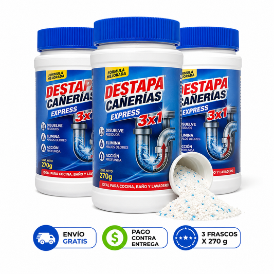 Destapa cañería de acción rápida y neutraliza malos olores sin dañar tuberías 3X1 (270gr c/u)