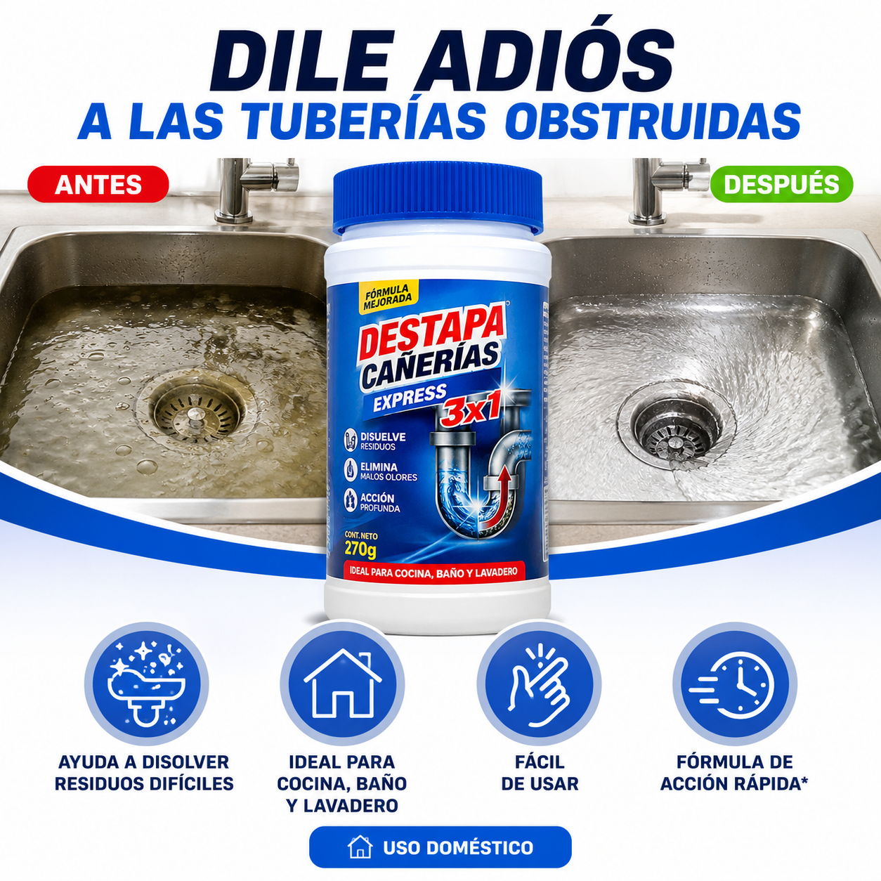 Destapa cañería de acción rápida y neutraliza malos olores sin dañar tuberías 3X1 (270gr c/u)