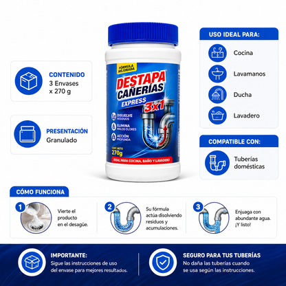 Destapa cañería de acción rápida y neutraliza malos olores sin dañar tuberías 3X1 (270gr c/u)