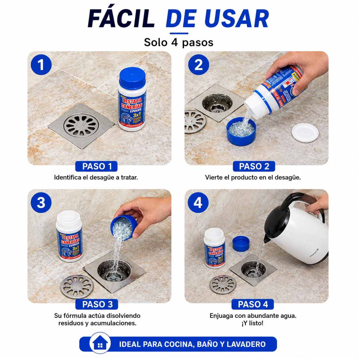 Destapa cañería de acción rápida y neutraliza malos olores sin dañar tuberías 3X1 (270gr c/u)